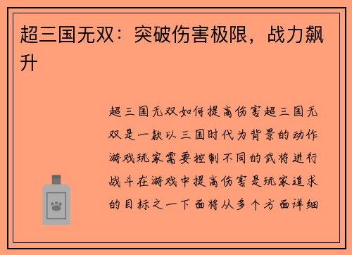超三国无双：突破伤害极限，战力飙升